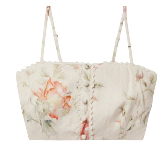 LOVESHACKFANCY Emmalou cropped crochet-trimmed floral print linen top - Picture 1 of 7